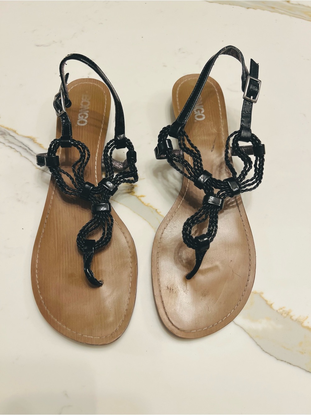 Bongo Black Braided T-Strap Women's Sandals